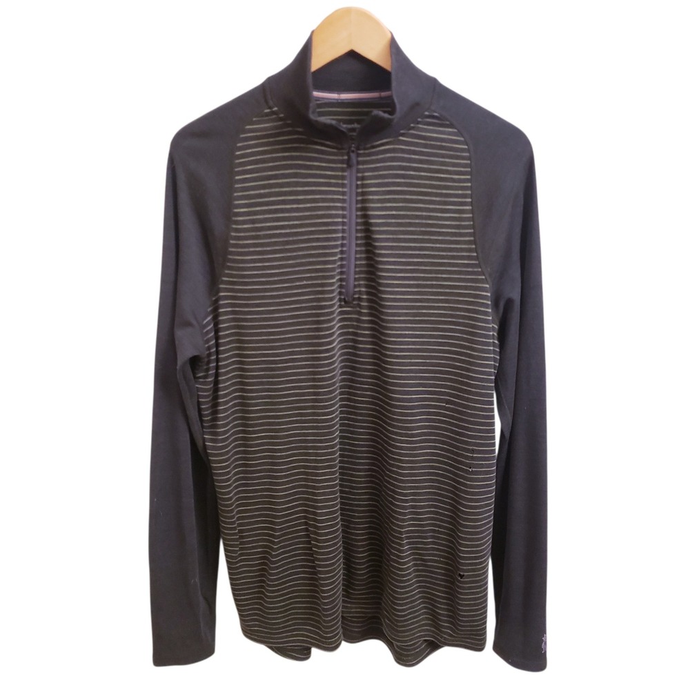 Smartwool Merino Wool Gray & Green Striped Quarter Zip Pullover Sweater, Size XL